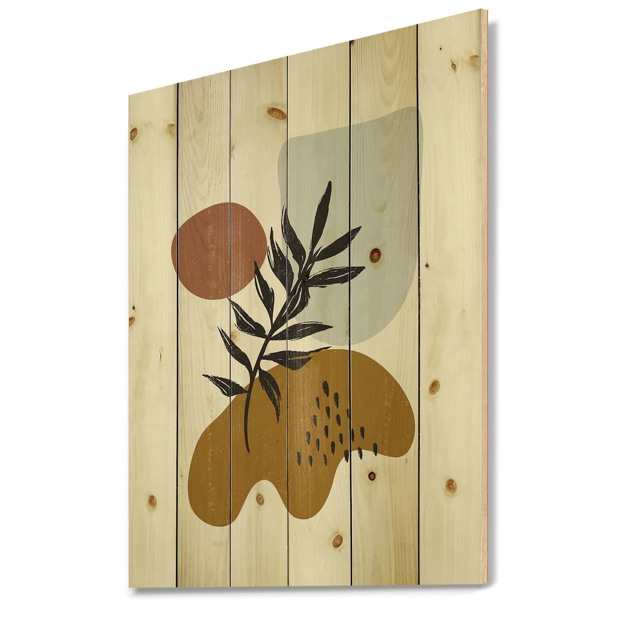 Designart - Botanical Minimalist Leaf With Abstract Shapes II - Modern Print on Natural Pine Wood